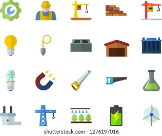 Color flat icon set crane flat vector, builder, brick wall, saw, repair, construction plummet, sprinkling machine, battery, chemistry, accumulator, lamp, plug socket, energy saving, magnet, windmill