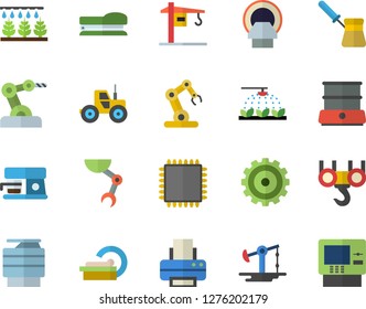 Color flat icon set crane flat vector, hook, turk, double boiler, coffee machine, tractor, sprinkling, oil pumping, cogwheel, tomograph, printer, copy, stapler, robot hand, cpu, industrial