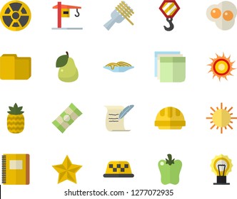 Color flat icon set crane flat vector, hook, hard hat, spaghetti, on a fork, bell pepper, scrambled eggs, pineapple, pear, sun, radiation, computer file, sticker, hostory roll, notebook, fector