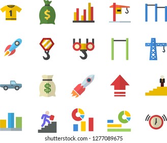 Color flat icon set crane flat vector, hook, pickup truck, rocket, wealth, statistics, statistic, career ladder, parallel bars, sport T shirt, upload, alarm clock