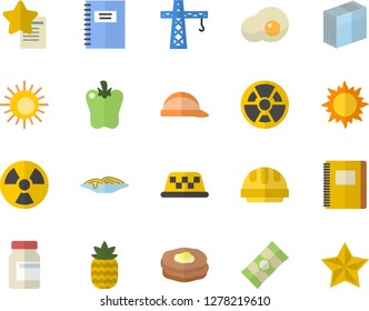 Color flat icon set crane flat vector, hard hat, spaghetti, bell pepper, scrambled eggs, pineapple, pancakes, sun, radiation, sticker, notebook, vitamins, fector, taxi, favorites