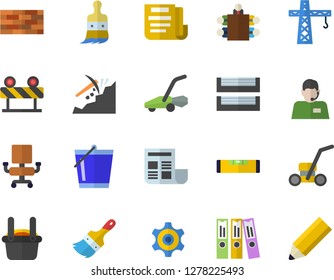 Color flat icon set crane flat vector, brick wall, paint brush, level meter, barrier, bucketful, lawn mower, mining, metallurgy, cogwheel, telephone operator, document, office chair, folder, meeting