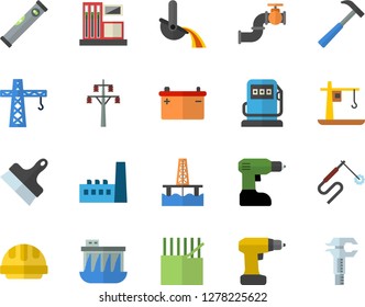Color flat icon set crane flat vector, drill screwdriver, level meter, hard hat, putty knife, hammer, oil production platform, main pipeline, gas station, refueling, accumulator, power line support