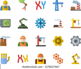 Color flat icon set crane flat vector, builder, cogwheel, factory, construction worker, robotics, chromosomes, robot hand, nuclear power plant, oscilloscope, industrial