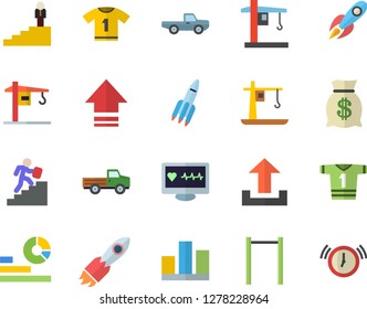 Color flat icon set crane flat vector, pickup truck, rocket, wealth, statistics, computer diagnostics of health, statistic, career ladder, parallel bars, sport T shirt, upload, alarm clock