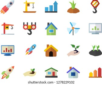 Color flat icon set crane flat vector, house, hook, seedlings, planting plants, rocket, computer chart, windmill, achievement