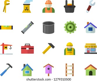 Color flat icon set crane flat vector, house, builder, tool, bag, level meter, hammer, nesting box, grain warehouse, ladder, construction worker, pipe production, wrench, metallurgy, cogwheel