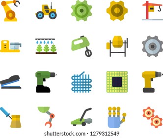 Color flat icon set crane flat vector, concrete mixer, cogwheel, drill screwdriver, turk, food processor, tractor, sprinkling machine, lawn mower, fabric manufacture, robotics, stapler, robot hand
