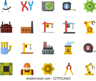 Color flat icon set crane flat vector, cogwheel, tape measure, manufactory, plant, construction worker, motherboard, robotics, dividers, chromosomes, robot hand, nuclear power, oscilloscope