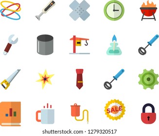 Color flat icon set crane flat vector, saw, whisk, blender, barbecue, tea, cogwheel, pipe production, wrench, book balance accounting, sell out, medical warmer, patch, tie, gas burner, spark, hoop