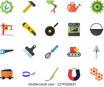 Color flat icon set crane flat vector, trowel, repair, putty knife, stationery, hammer, cauldron, teflon, whisk, electric stove, saw, secateurs, watering can, conveyor, mining, cogwheel, scalpel