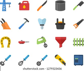 Color flat icon set crane flat vector, saw, fence, stationery knife, hammer, frying pan, kitchen spoon, whisk, knives, mixer, horseshoe, canister, pipe production, metallurgy, funnel, implant