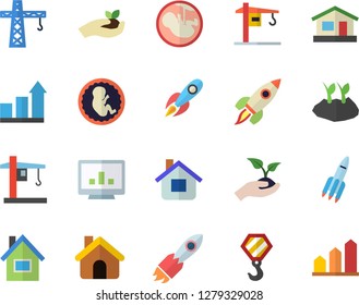 Color flat icon set crane flat vector, house, hook, seedlings, planting plants, rocket, embryo, computer chart, achievement