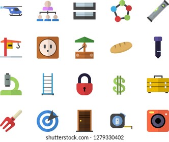 Color flat icon set crane flat vector, tape measure, tool bag, ladder, level meter, Entrance door, sockets, bread, well, pitchfork, dollar, microscope, helicopter, molecules, target, tie, paper tray