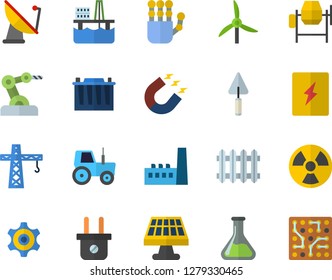 Color flat icon set crane flat vector, concrete mixer, trowel, switch box, tractor, oil production platform, solar battery, windmill, chemistry, accumulator, plug socket, manufactory, radiation