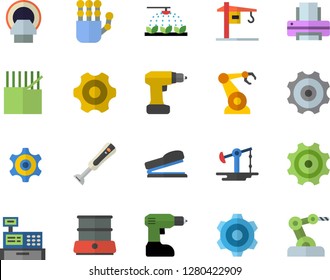 Color flat icon set crane flat vector, cogwheel, drill screwdriver, double boiler, blender, sprinkling machine, oil pumping, fabric manufacture, robotics, cash, tomograph, printer, stapler