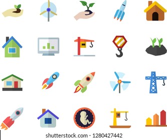 Color flat icon set crane flat vector, house, hook, seedlings, planting plants, rocket, embryo, computer chart, windmill, achievement