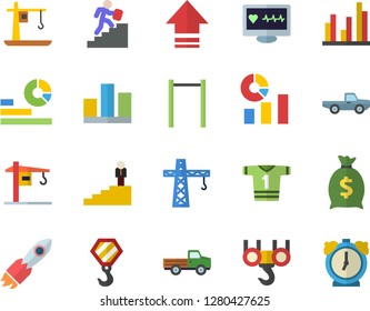 Color flat icon set crane flat vector, hook, pickup truck, rocket, wealth, statistics, computer diagnostics of health, statistic, career ladder, parallel bars, sport T shirt, upload, alarm clock