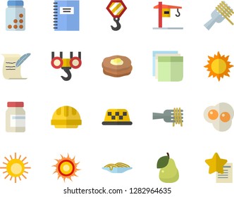 Color flat icon set crane flat vector, hook, hard hat, spaghetti on a fork, scrambled eggs, pear, pancakes, sun, sticker, hostory roll, notebook, vitamins, fector, taxi, favorites