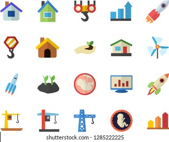 Color flat icon set crane flat vector, house, hook, seedlings, planting plants, rocket, embryo, computer chart, windmill, achievement