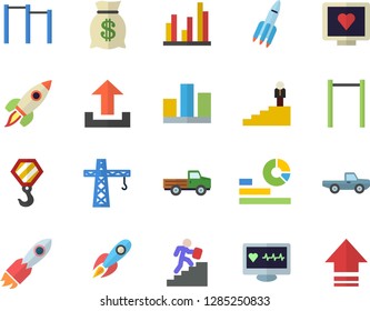 Color flat icon set crane flat vector, hook, pickup truck, rocket, wealth, statistics, computer diagnostics of health, statistic, career ladder, parallel bars, upload