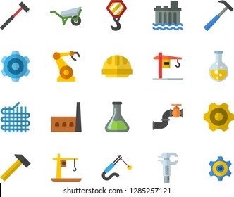 Color flat icon set crane flat vector, hook, wheelbarrow, cogwheel, hard hat, ax, hammer, main pipeline, chemistry, hydroelectric power station, manufactory, fabric manufacture, welding, robotics
