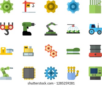 Color flat icon set crane flat vector, hook, cogwheel, drill screwdriver, double boiler, food processor, tractor, sprinkling machine, fabric manufacture, robotics, cash, stapler, robot hand, cpu