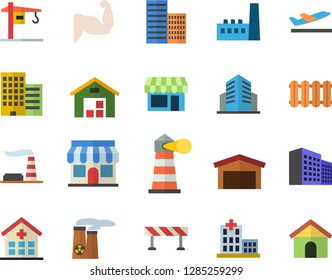 Color flat icon set crane flat vector, skyscraper, heating batteries, barrier, factory, manufactory, store front, lighthouse, warehouse, hospital, office building, nuclear power plant, muscles, shop