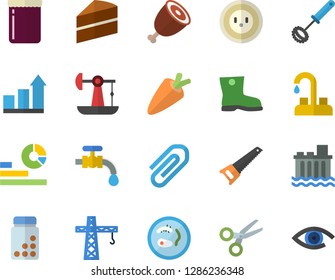 Color flat icon set crane flat vector, faucet, saw, cake, whisk, carrot, ham, jam, gumboots, water tap, oil pumping, socket, hydroelectric power station, statistics, clip, Petri dish, vitamins, eye