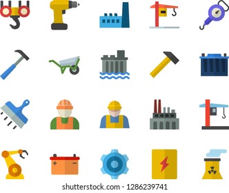 Color flat icon set crane flat vector, builder, hook, wheelbarrow, cogwheel, drill screwdriver, switch box, putty knife, hammer, spring balance, accumulator, hydroelectric power station, manufactory