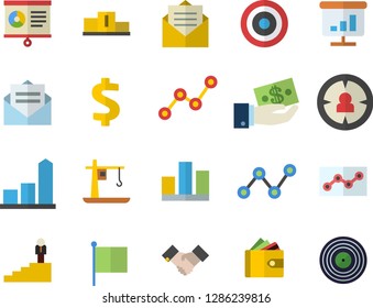 Color flat icon set crane flat vector, target audience, chart, dollar, investments, purse, scatter, flag, statistic, point diagram, agreement, career ladder, pedestal, message