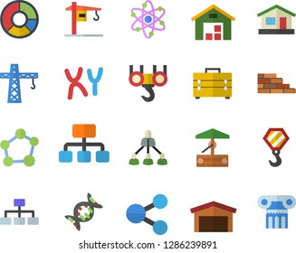 Color flat icon set crane flat vector, brick wall, hook, tool bag, well, house, warehouse, hierarchy, molecules, chromosomes, clircle diagram, molecule, atom, dna, classification