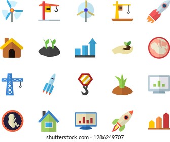 Color flat icon set crane flat vector, house, hook, seedlings, planting plants, rocket, embryo, computer chart, windmill, achievement