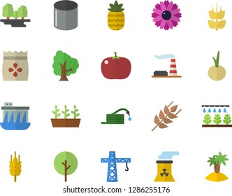 Color flat icon set crane flat vector, ear, onion, tomato, pineapple, seeds, tree, flower, sprinkling machine, hose, seedlings, factory, forest, hydroelectric power station, pipe production