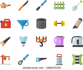 Color flat icon set crane flat vector, hook, saw, fence, stationery knife, saute, electric kettle, kitchen spatula, whisk, knives, grater, shovel, canister, pipe production, funnel, implant