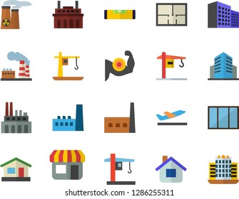 Color flat icon set crane flat vector, window, house layout, level meter, factory, manufactory, plant, store front, office building, nuclear power, muscles, departure fector, hotel