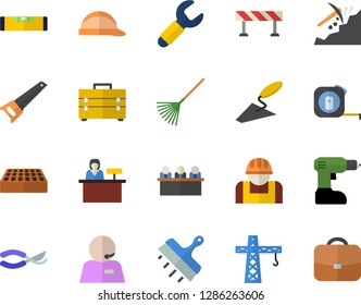 Color flat icon set crane flat vector, trowel, drill screwdriver, saw, tape measure, tool bag, level meter, hard hat, putty knife, brick, barrier, secateurs, rake, construction worker, wrench