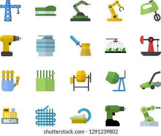 Color flat icon set crane flat vector, concrete mixer, drill screwdriver, turk, sprinkling machine, lawn mower, oil pumping, fabric manufacture, robotics, cash, tomograph, copy, stapler, robot hand