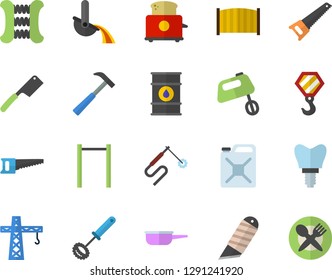 Color flat icon set crane flat vector, hook, saw, fence, stationery knife, hammer, saute, whisk, knives, toaster, mixer, oil tanks, canister, welding, metallurgy, implant, carpal expander