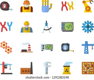 Color flat icon set crane flat vector, builder, tape measure, factory, manufactory, cogwheel, construction worker, robotics, dividers, trammel, chromosomes, robot hand, nuclear power plant