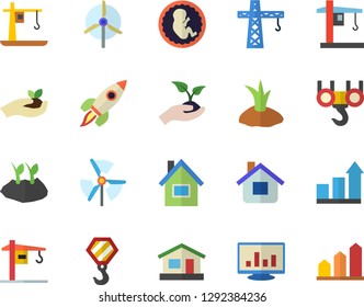 Color flat icon set crane flat vector, house, hook, seedlings, planting plants, embryo, computer chart, rocket, windmill, achievement