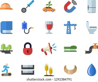 Color flat icon set crane flat vector, toilet, hard hat, kitchen spoon, fridge, croissant, wine, ear, main pipeline, forest, eco cars, magnet, mouthpiece, medical warmer, paper tray, book, stapler