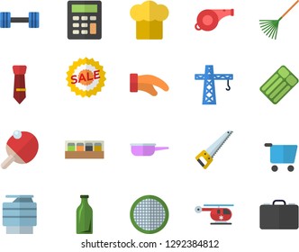 Color flat icon set crane flat vector, saw, saute, cook hat, potholder, spice, sieve, rake, glass bottles, grocery trolley, sell out, helicopter, calculator, tie, copy machine, dumbbell, whistle