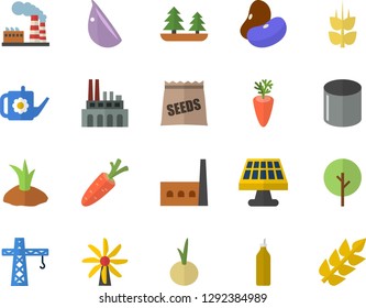 Color flat icon set crane flat vector, legumes, carrot, garlic, onion, mustard, ear, seeds, tree, watering can, planting plants, solar battery, windmill, factory, forest, manufactory, plant