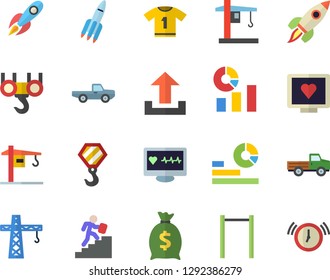 Color flat icon set crane flat vector, hook, pickup truck, rocket, wealth, statistics, computer diagnostics of health, career ladder, parallel bars, sport T shirt, upload, alarm clock