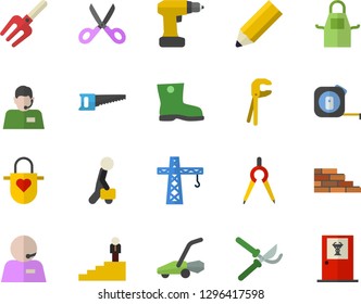 Color flat icon set crane flat vector, brick wall, tool, drill screwdriver, tape measure, apron, scissors, pitchfork, saw, secateurs, gumboots, lawn mower, dividers, telephone operator, phone