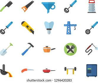 Color flat icon set crane flat vector, saw, stationery knife, hammer, frying pan, saute, kitchen spoon, whisk, knives, grater, shovel, welding, metallurgy, funnel, implant, barbell, safe