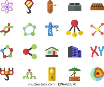 Color flat icon set crane flat vector, hook, door lock, brick, well, house, hierarchy, molecules, DNA, chromosomes, office building, molecule, atom, classification, core of the earth fector
