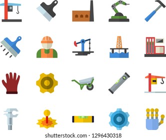 Color flat icon set crane flat vector, builder, wheelbarrow, cogwheel, level meter, putty knife, hammer, gloves, oil production platform, pumping, gas station, manufactory, laser, robotics, trammel