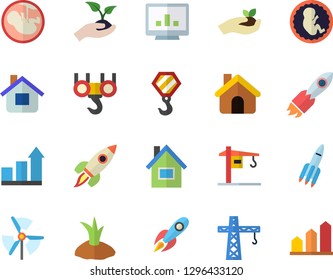 Color flat icon set crane flat vector, house, hook, seedlings, planting plants, rocket, embryo, computer chart, windmill, achievement